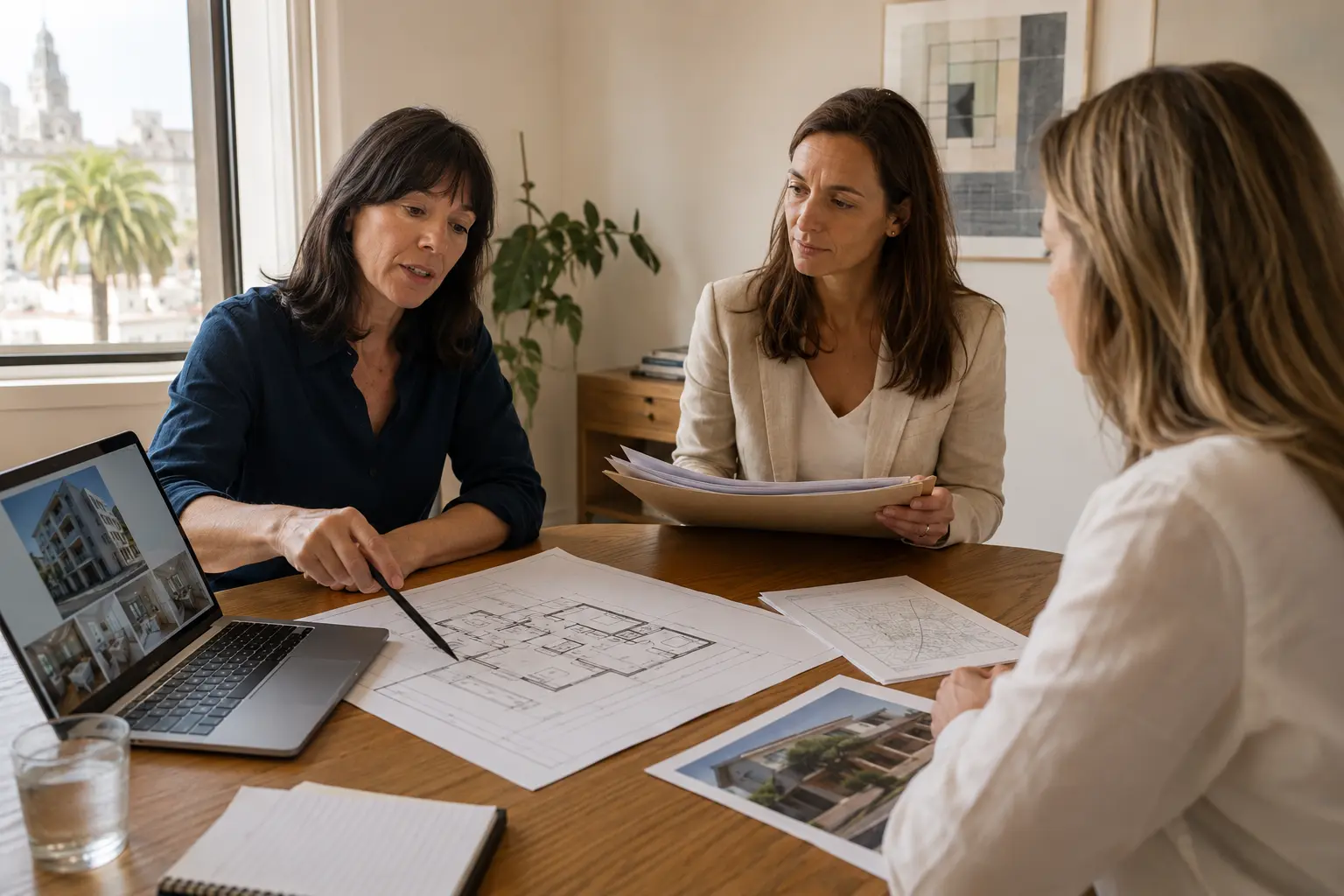 Arquitecta trabajando con inmobiliarias y compradores en la revisión de una propiedad