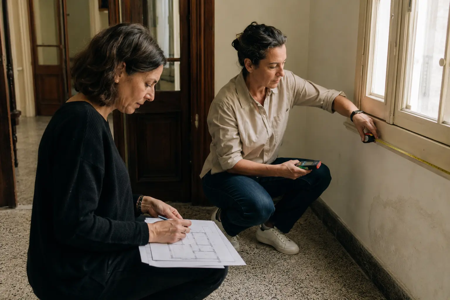 Arquitecta realizando visita técnica y relevamiento de vivienda en Montevideo