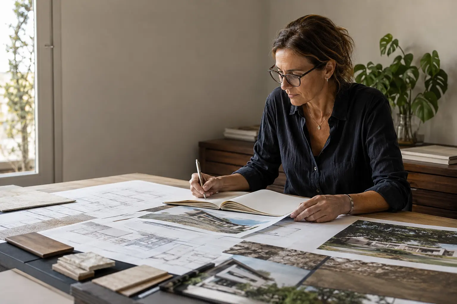 Arquitecta analizando una solicitud de presupuesto de arquitectura en Uruguay